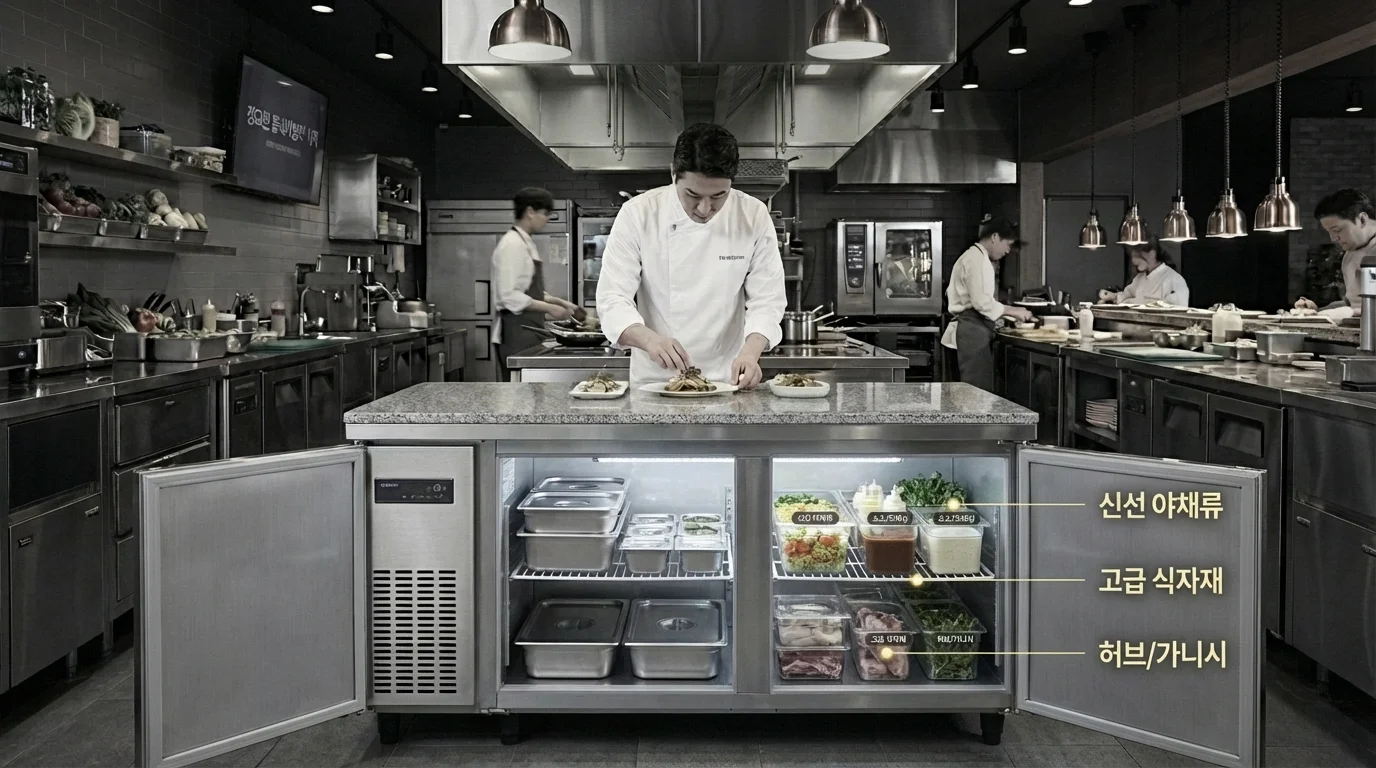 오픈된 테이블 냉장고의 내부가 내부가 아주 깔끔하고 체계적으로 정리되어 있는 모습