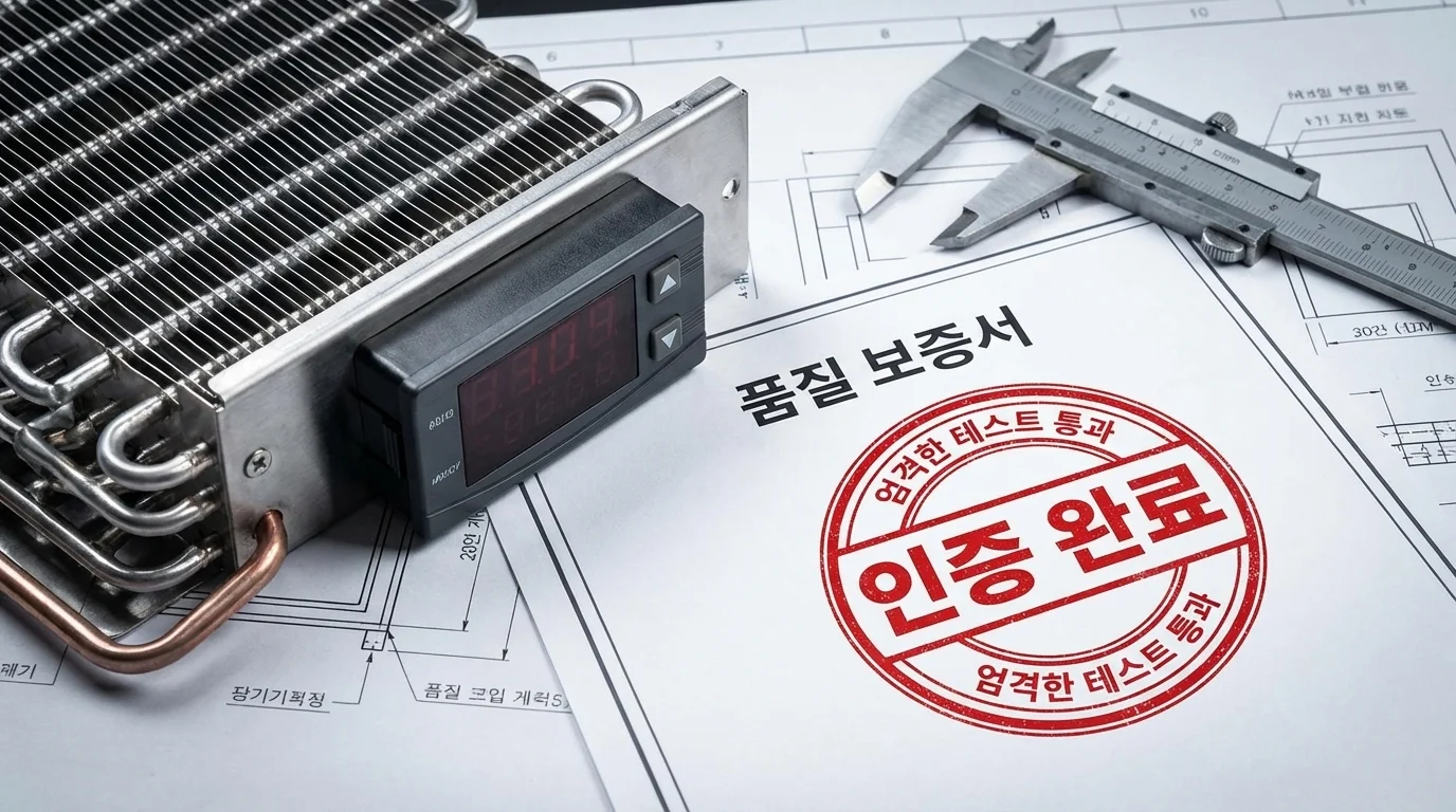 테이블 냉장고의 신뢰와 전문성을 상징하는 '인증 완료' 도장이 찍힌 서류