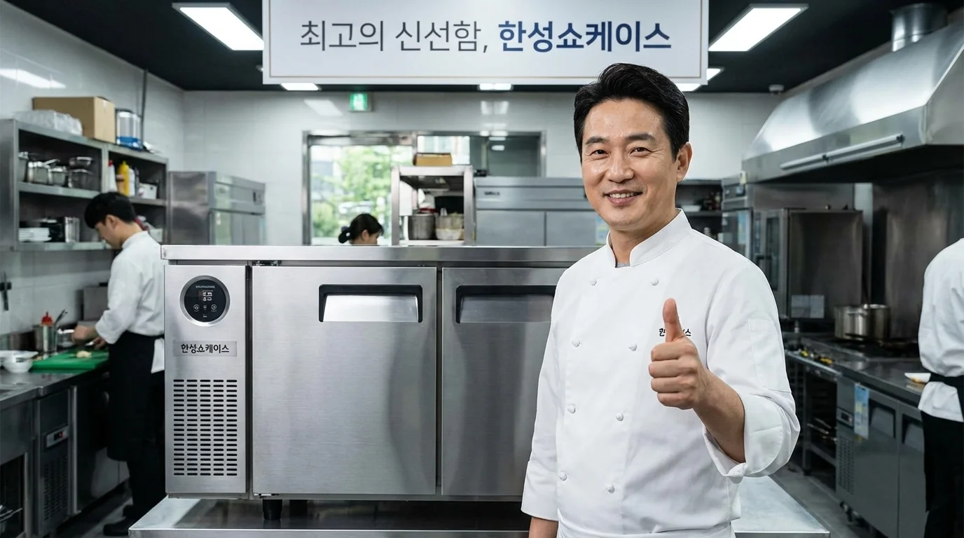 테이블 냉장고 앞에서 만족스러운 미소를 지으며 엄지를 치켜세우고 있는 쉐프의 모습