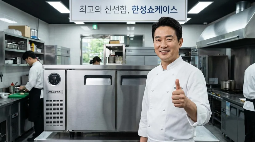 테이블 냉장고 앞에서 만족스러운 미소를 지으며 엄지를 치켜세우고 있는 쉐프의 모습