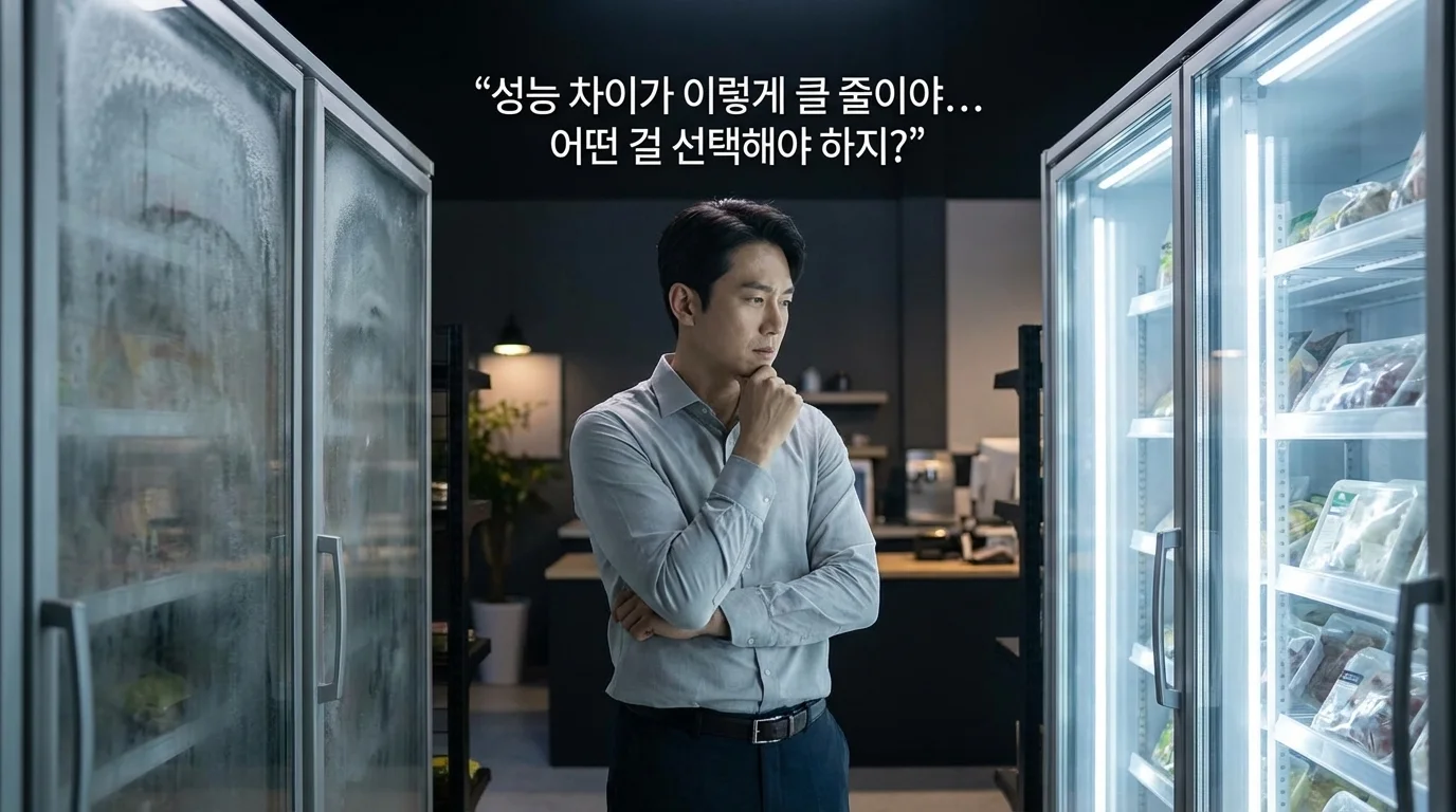 쇼케이스 냉동고의 성능 차이를 고민하는 점주님의 모습