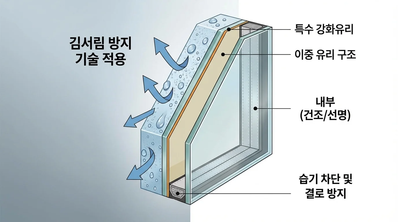 김서림 방지 기술이 적용된 쇼케이스 냉동고의 특수 강화유리 단면도