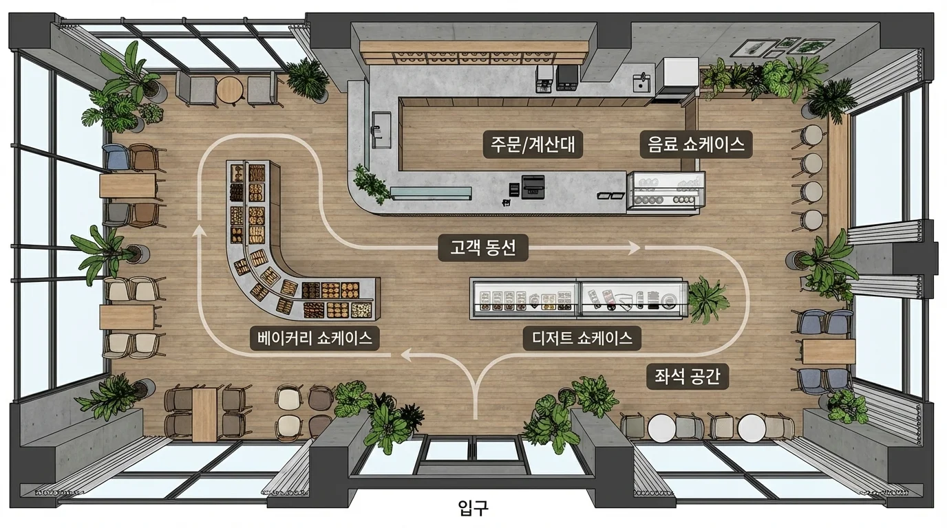 고객 동선과 매출 향상을 고려한 효율적인 쇼케이스 배치 예시