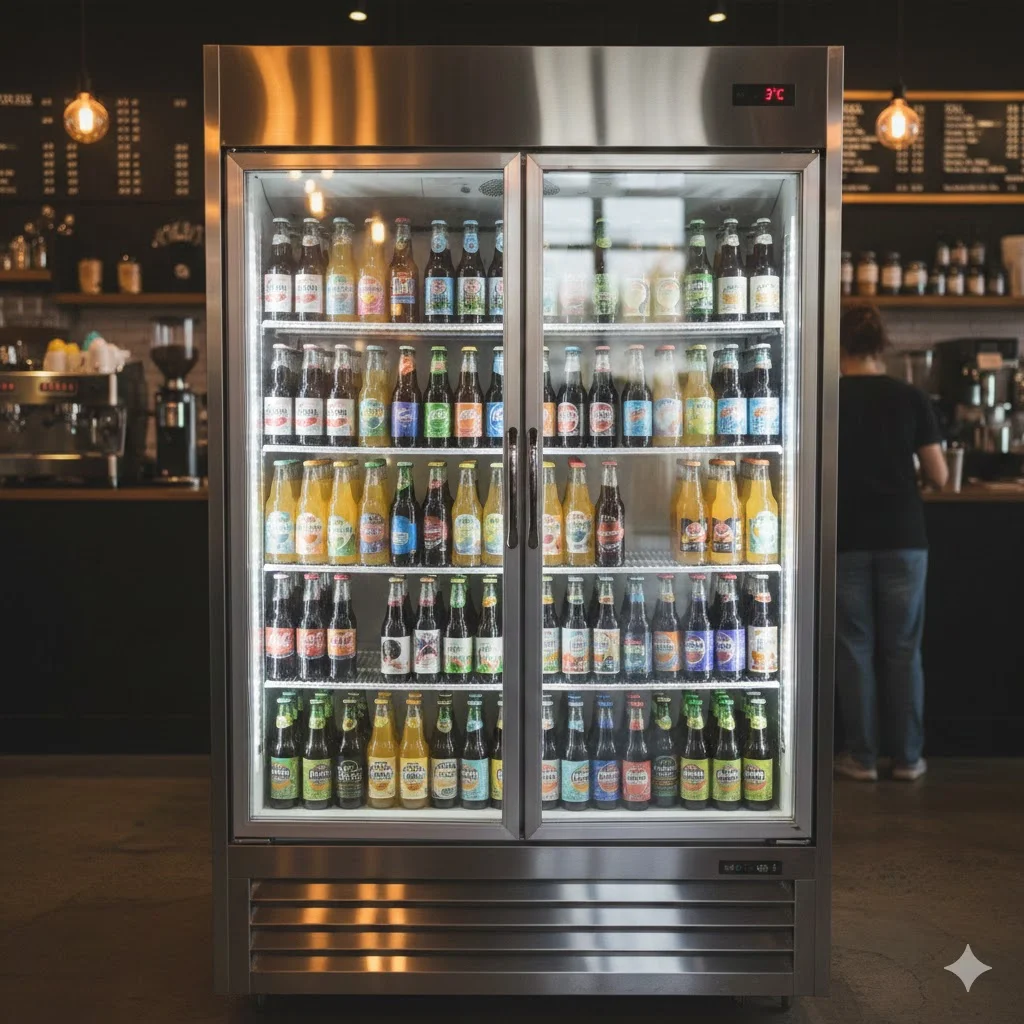 업소용 쇼케이스로 사용되는 메탈 냉장고 진열 구조와 수납 공간 예시