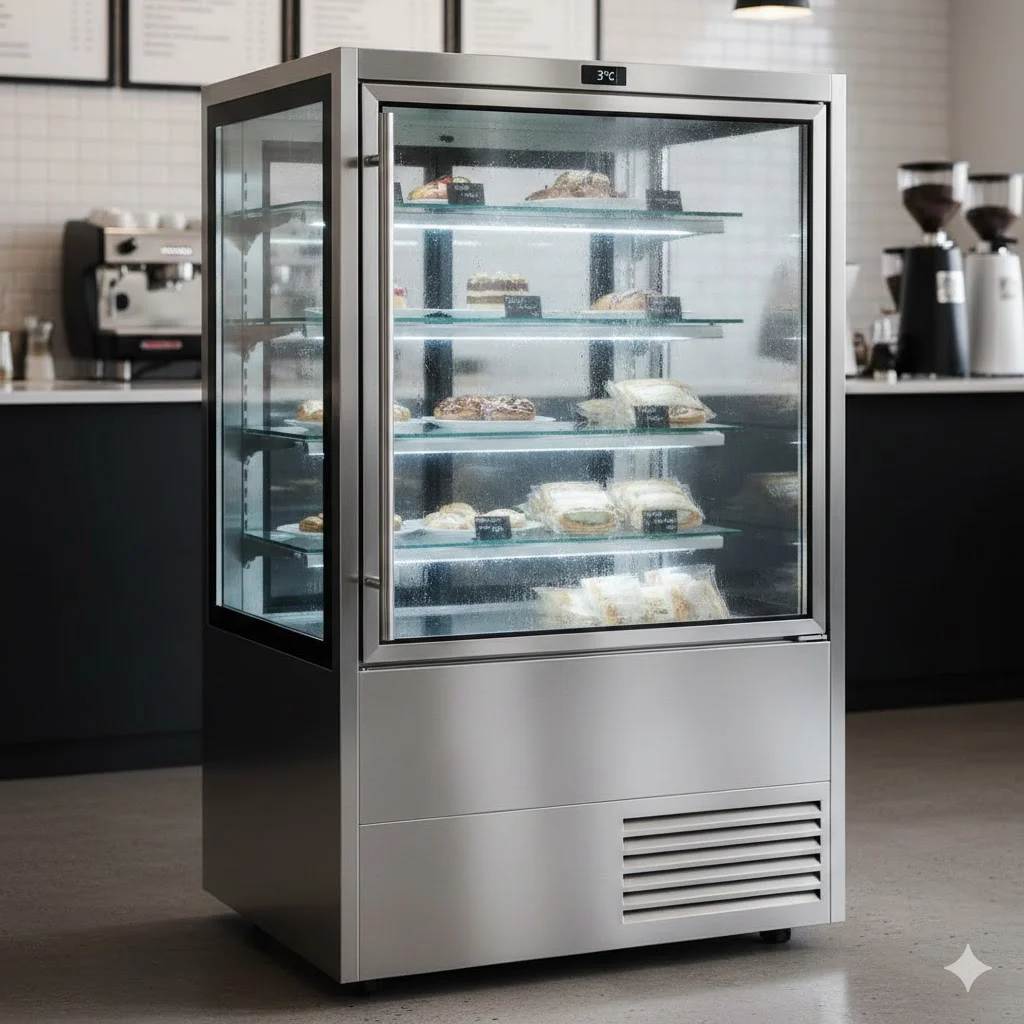 메탈 냉장고 업소용 쇼케이스 내부 선반 구성과 냉각 균일성 표현 이미지