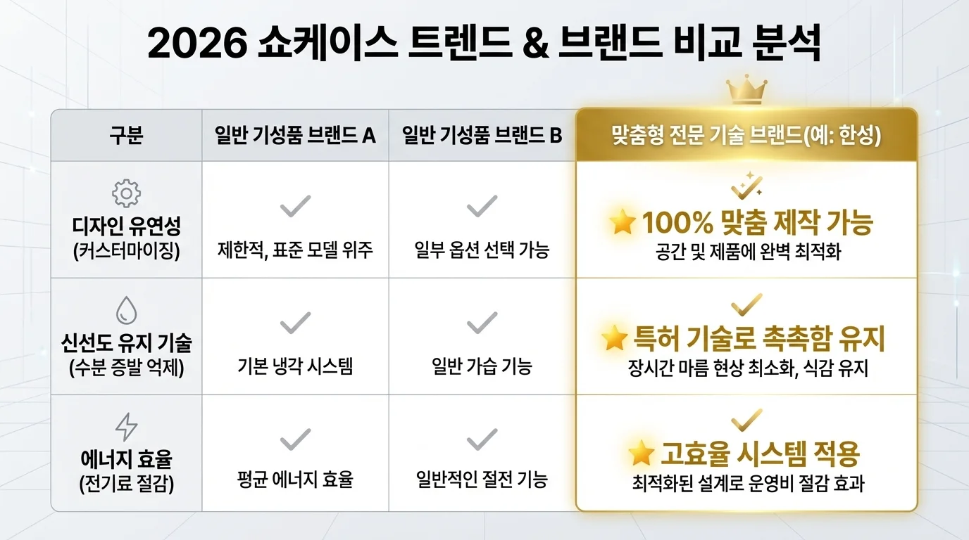 쇼케이스 브랜드별 특징을 비교 분석한 차트