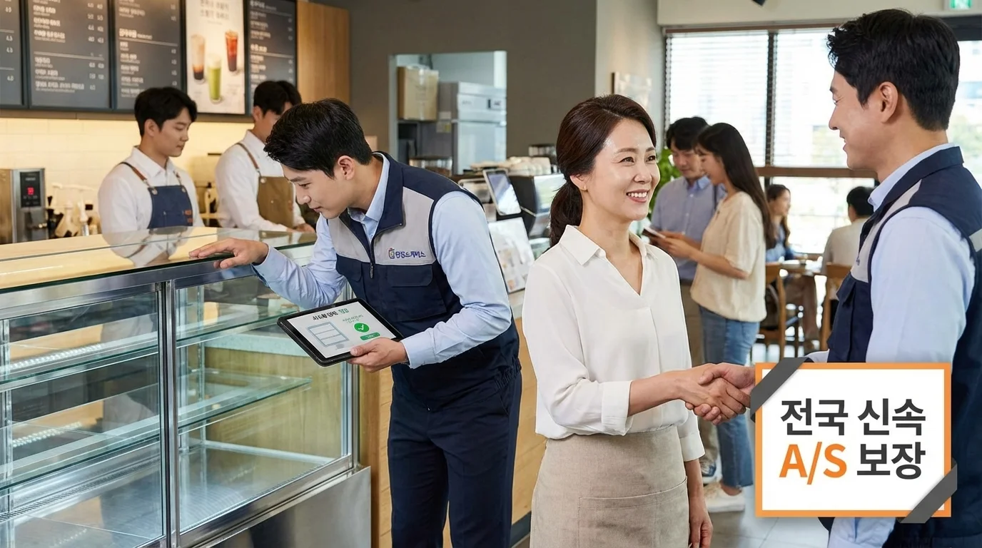 전문 엔지니어가 매장에서 쇼케이스를 점검하고 사장님과 웃으며 대화하는 모습