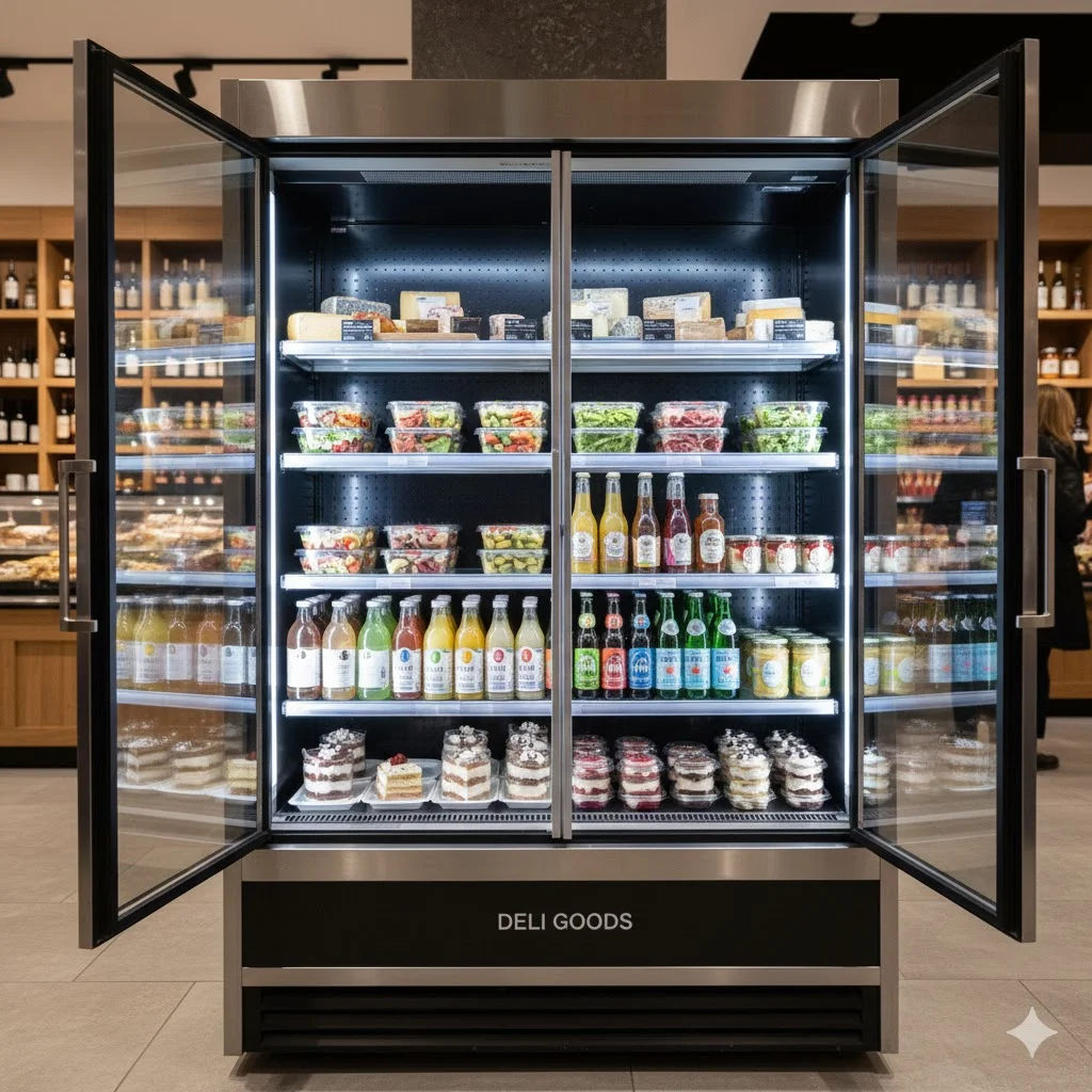 프리미엄 진열 냉장고 습도 유지로 신선도 강조된 진열 모습