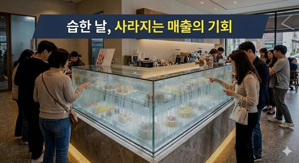 뿌옇게 흐려진 유리냉장고의 답답한 모습을 담았습니다.