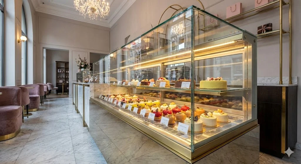 고급스러운 매장 인테리어와 완벽하게 어우러지는 깨끗한 유리 쇼케이스의 모습을 담았습니다.