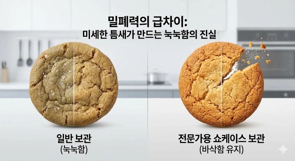 쇼케이스의 밀폐력 차이가 쿠키의 식감에 어떤 영향을 미치는지 극명하게 보여주는 이미지입니다.