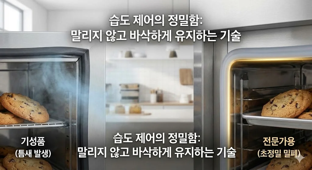 쿠키의 수분을 빼앗지 않으면서도 눅눅해지지 않도록 습도를 정밀하게 제어하는 기술을 시각화했습니다.