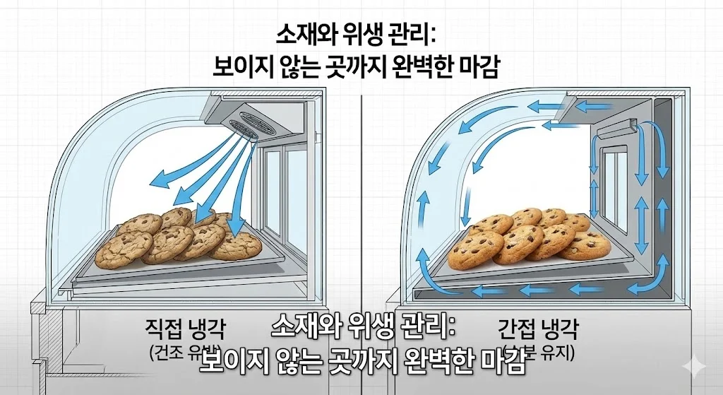 쿠키에 직접 바람이 닿지 않도록 설계된 간접 냉각 방식의 내부 공기 순환 구조를 다이어그램으로 알기 쉽게 표현한 이미지입니다.