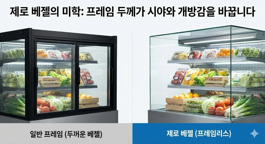 '제로 베젤' 디자인은 탁 트인 개방감을 선사하여 상품을 더욱 돋보이게 하고 매장을 넓어 보이게 합니다.