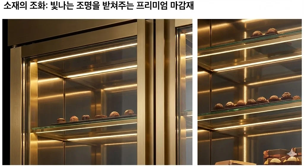 황동, 스테인리스 스틸과 같은 고급 마감재는 조명을 더욱 아름답게 반사하며 매장의 품격을 한층 높여줍니다.