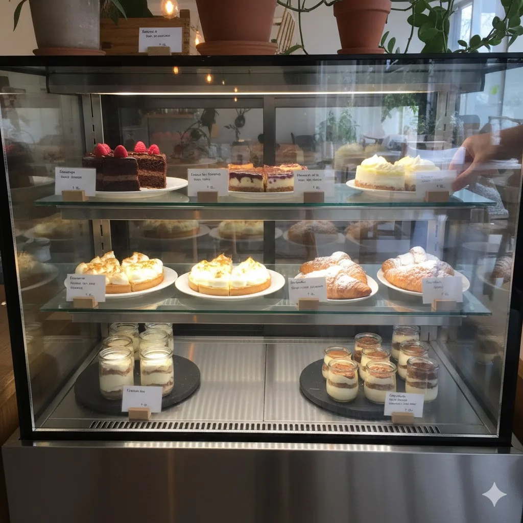 베이커리 카페 인테리어의 중심이 되는 세련된 디자인의 카페 진열장 및 매장 냉장고 배치