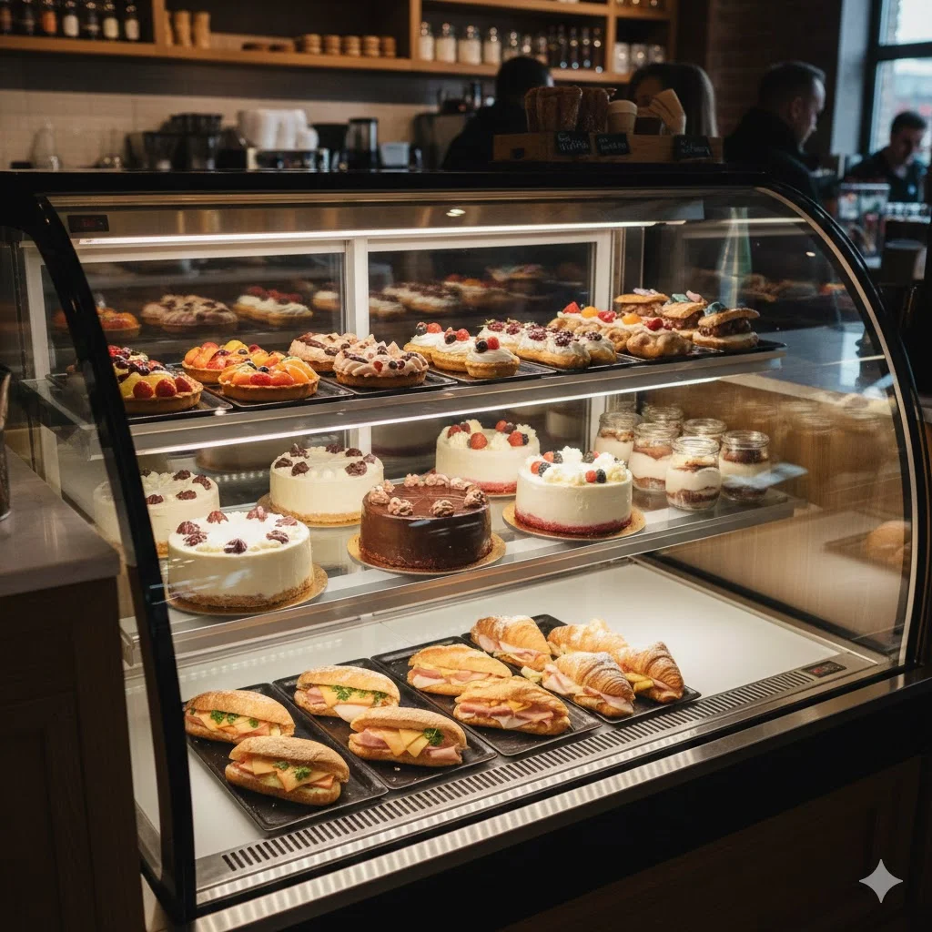 카페 디저트용 3단 유리 매장 냉장고 쇼케이스에 진열된 조각 케이크와 타르트