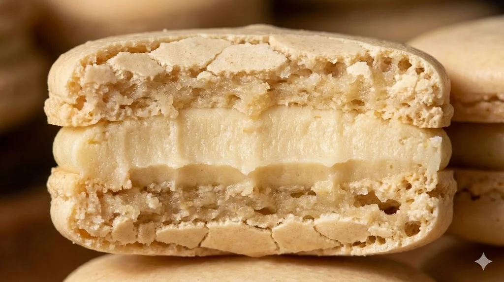 쫀득한 꼬끄의 식감이 살아있는 마카롱 단면 근접 촬영