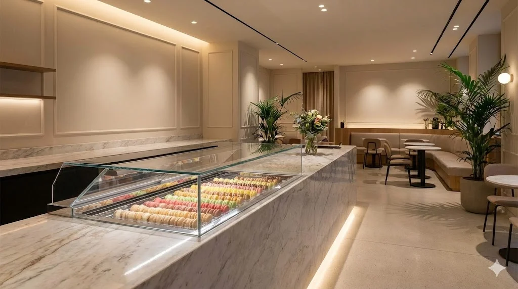 고급스러운 카페 인테리어에 완벽하게 통합된 빌트인 마카롱 쇼케이스 전경