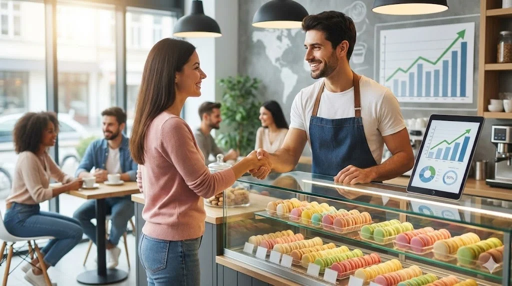 고객과 악수하는 사장님과 매출 상승 그래프로 성공을 상징하는 카페 이미지