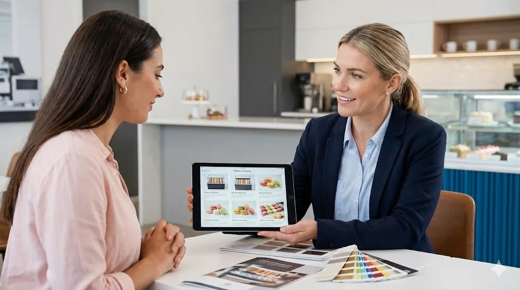 전문 컨설턴트와 태블릿으로 마카롱 쇼케이스 맞춤 상담을 진행하는 사장님