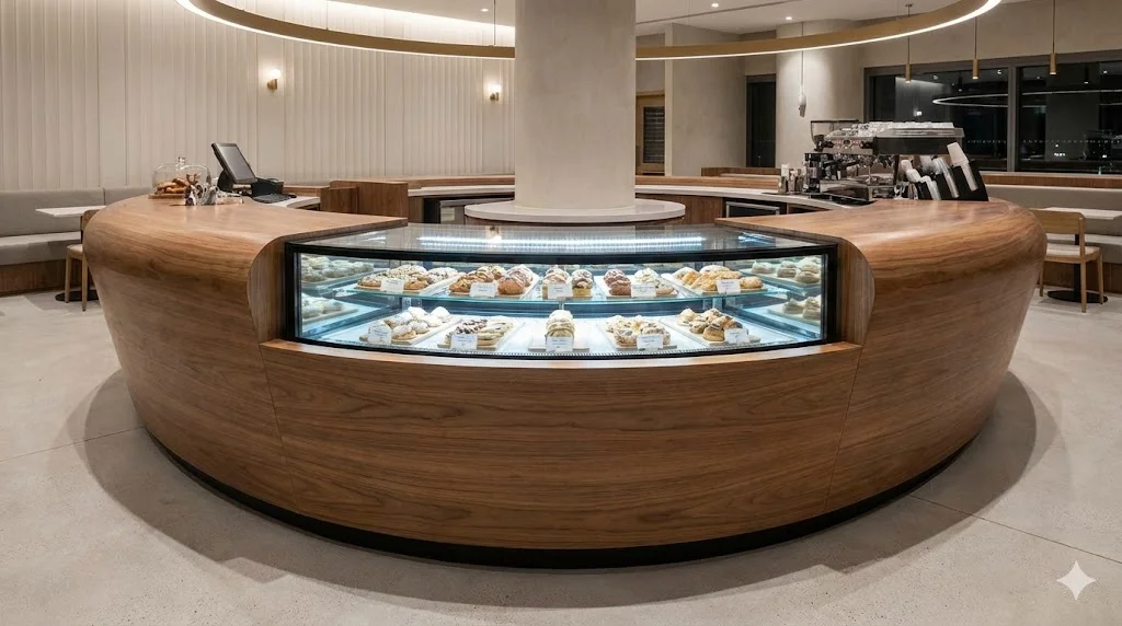 곡선형 카운터에 틈새 없이 완벽하게 맞춤 제작된 국내 수제작 미니 쇼케이스