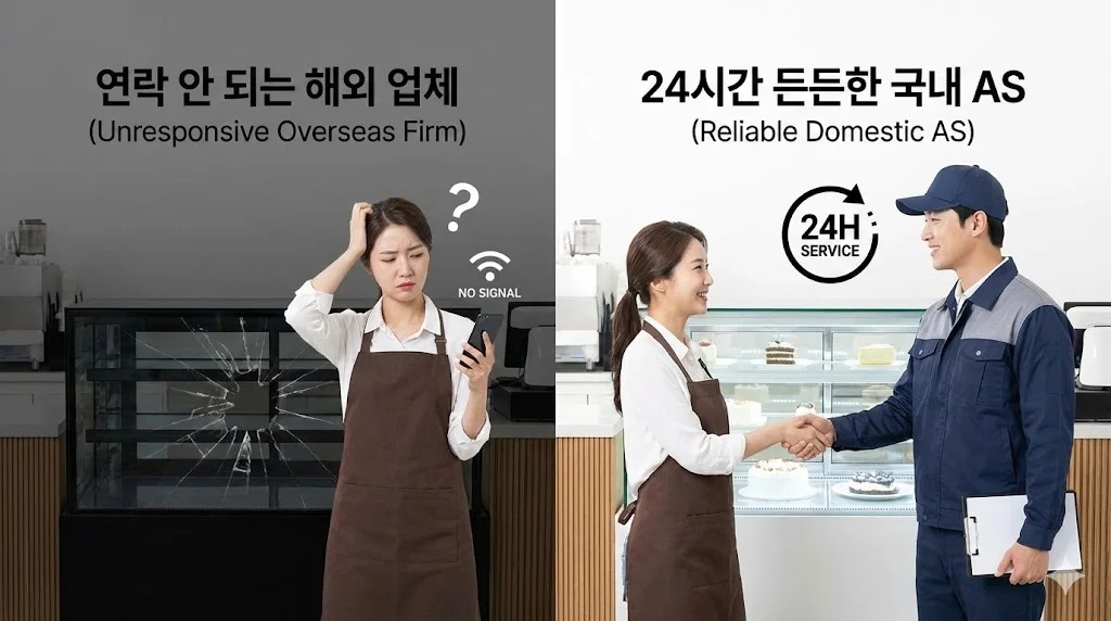 연락이 두절된 해외 업체와 24시간 신속한 국내 AS 서비스를 비교하는 이미지