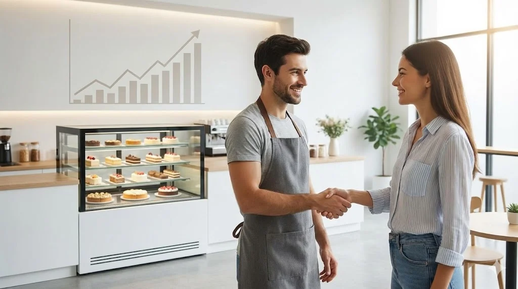 프리미엄 미니 쇼케이스가 설치된 카페에서 사장님과 고객이 악수하는 성공적인 모습