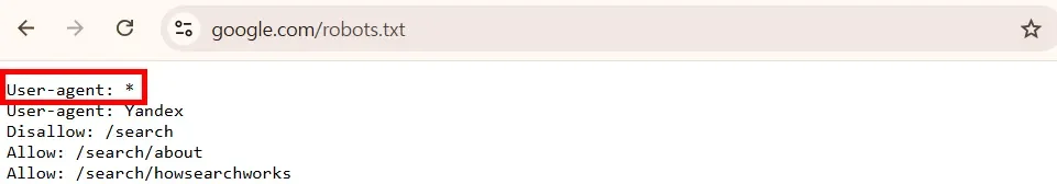 모든 크롤러를 의미하는 user-agent: * 예시