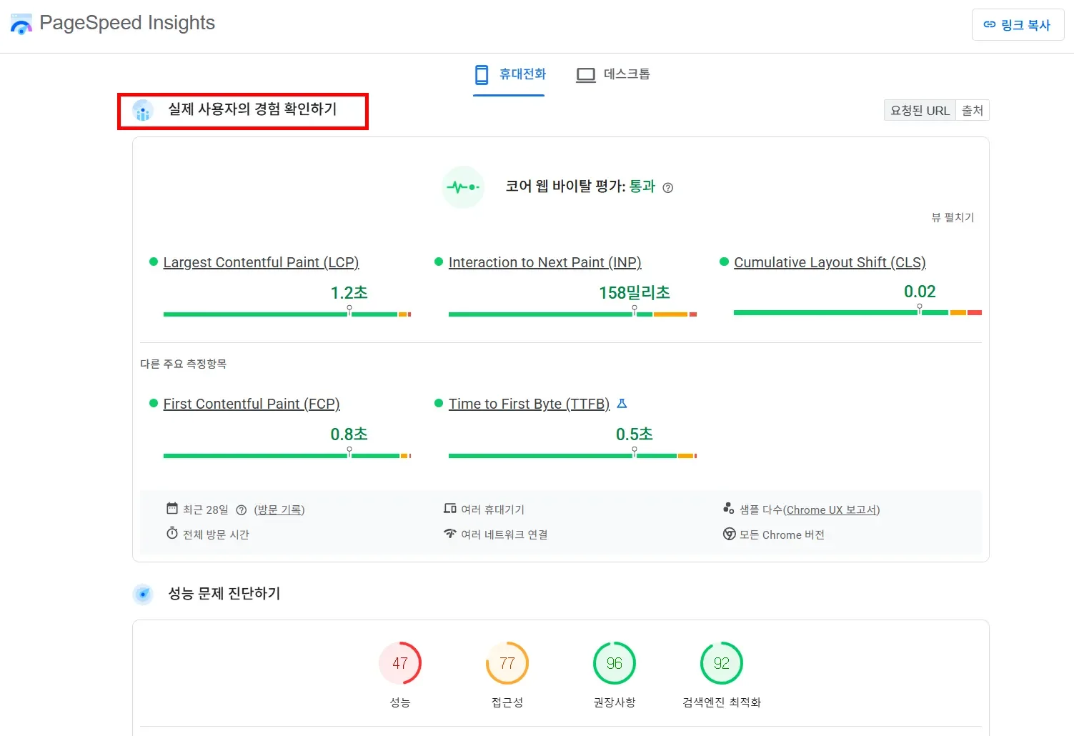PageSpeed Insights의 실제 사용자 경험 확인 데이터