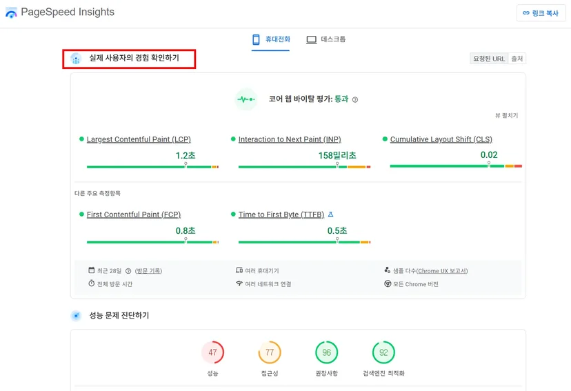 PageSpeed Insights의 실제 사용자 경험 확인 데이터