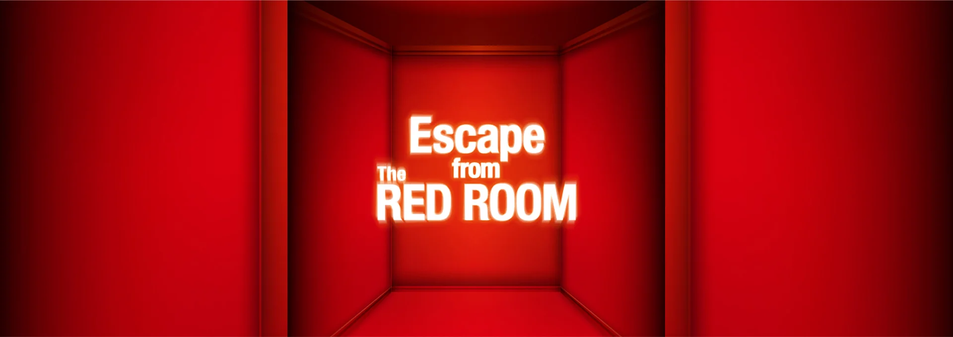 A promotional banner for the DIAegg Escape Room in Seomyeon, Busan, featuring a minimalist and intense design. The image displays a narrow, three-walled room completely saturated in a vibrant, deep red color.  In the center of the back wall, the words "Escape from The RED ROOM" are written in bold, glowing white text. The perspective creates a sense of being enclosed within the space, emphasizing the theme of an escape room challenge. The lighting is focused on the central text, causing the corners of the red room to fade into darker shadows, adding to the mysterious and suspenseful atmosphere.