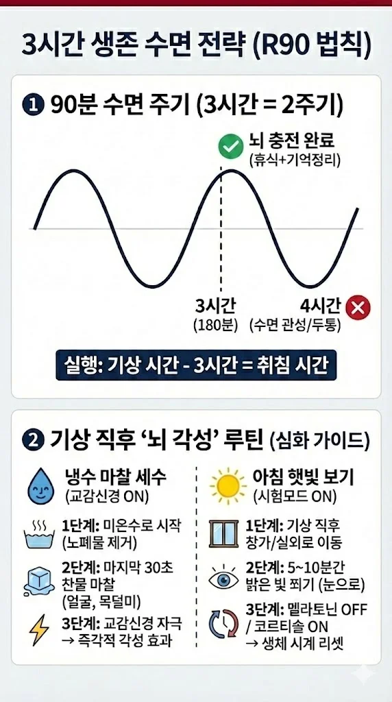 뇌과학 기반 3시간 생존 수면 전략(R90 법칙) 인포그래픽. 90분 수면 주기를 활용한 기상 시간 계산법 그래프와 기상 직후 뇌 각성을 위한 냉수 마찰 세수, 아침 햇빛 보기 루틴 3단계 상세 가이드