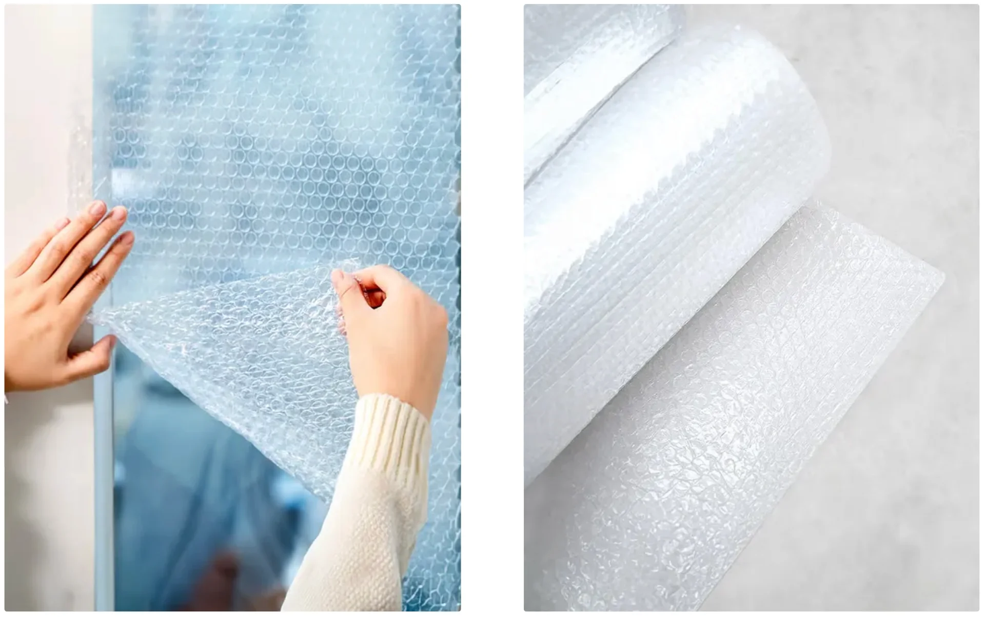 Person attaching bubble wrap to a glass window pane.