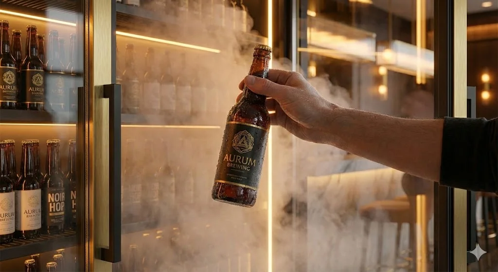 프리미엄 맥주냉장고에서 갓 꺼낸 차가운 맥주병 근접샷