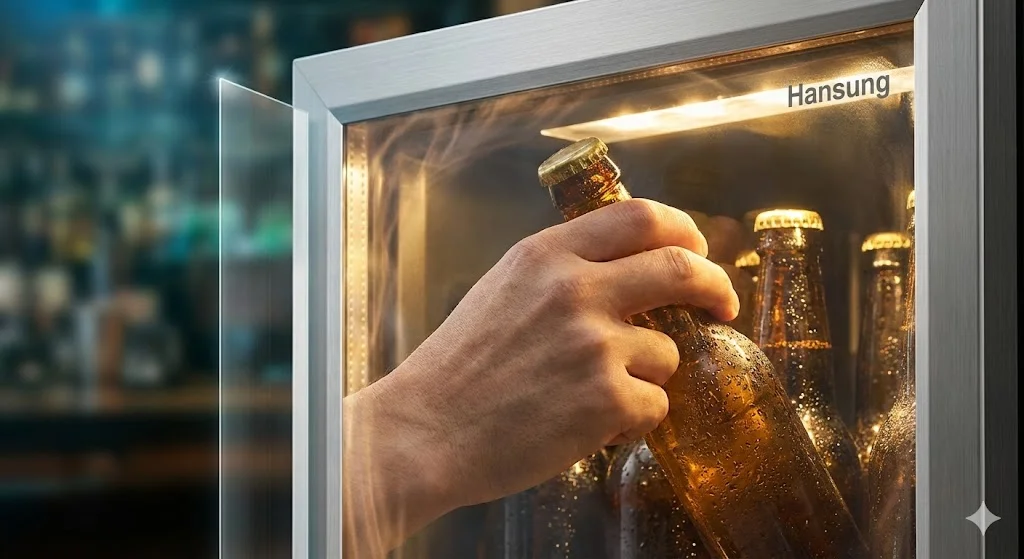 결로 없이 선명한 업소용냉장고 유리와 맥주병 근접샷