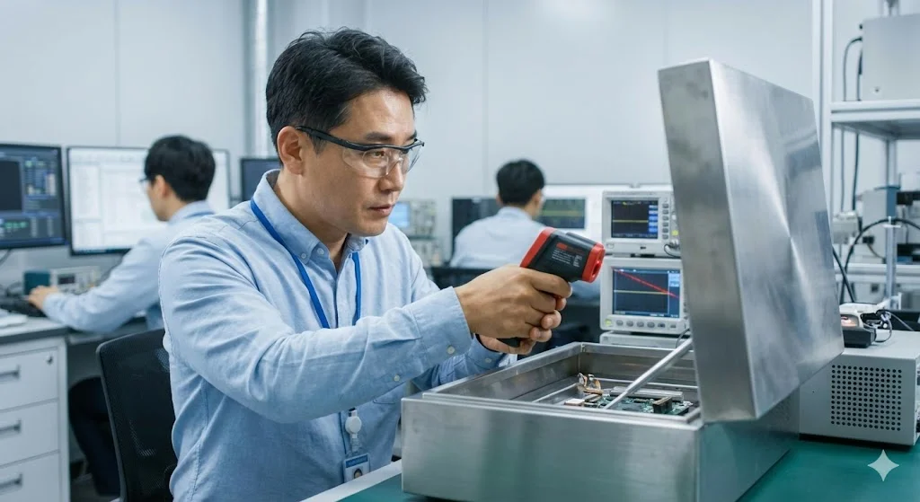 업소용냉장고 온도를 정밀 점검 중인 한국인 기술 전문가