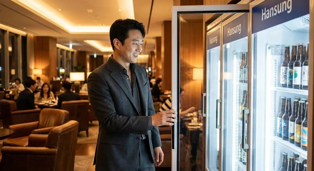 매장에 설치된 한성쇼케이스를 보고 만족하는 점주의 모습