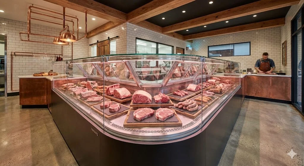 곡면 유리 너머로 선명하게 보이는 프리미엄 고기 진열 모습