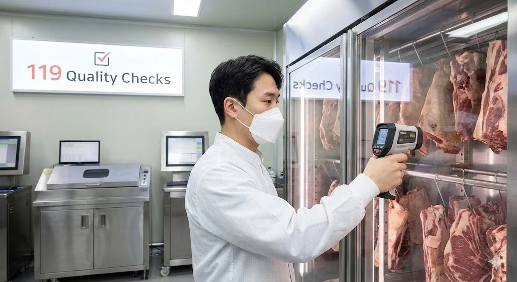 고기쇼케이스의 온도를 정밀 점검 중인 한국인 기술 전문가