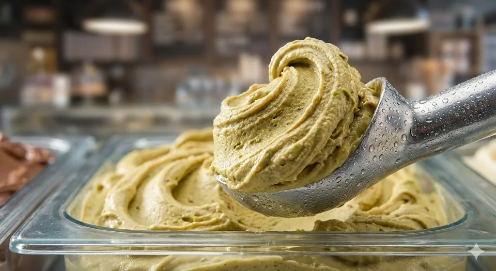 아이스크림냉동고 내부의 쫀득한 젤라또 근접 촬영 이미지