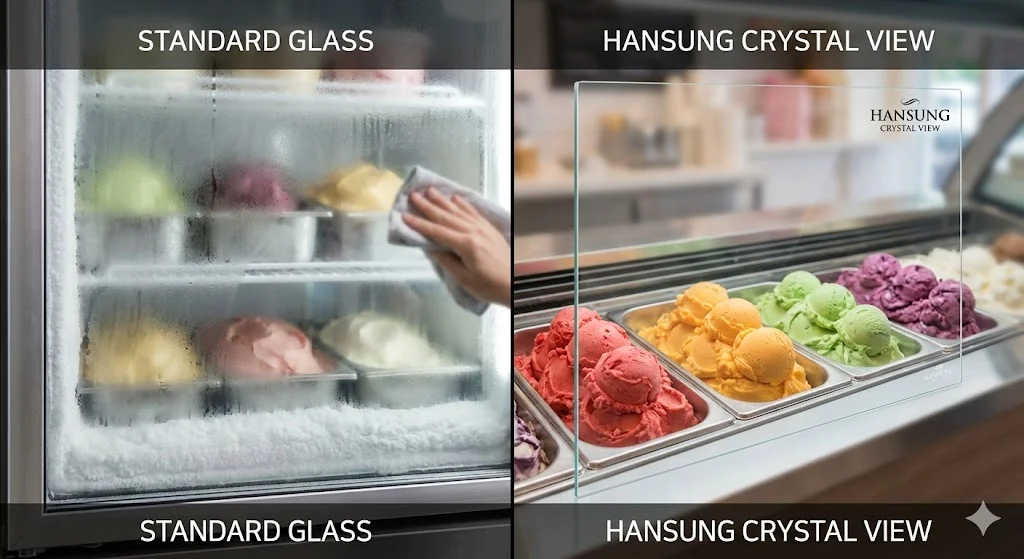 일반 냉동고와 한성쇼케이스의 유리 투명도 비교 사진