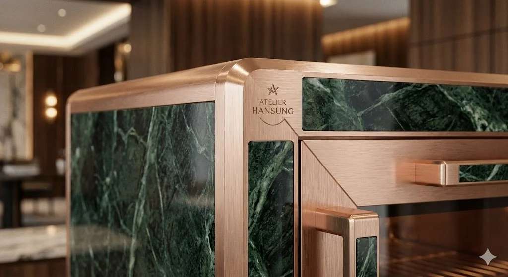 로즈골드와 대리석으로 커스텀 제작된 프리미엄 냉동고 디테일