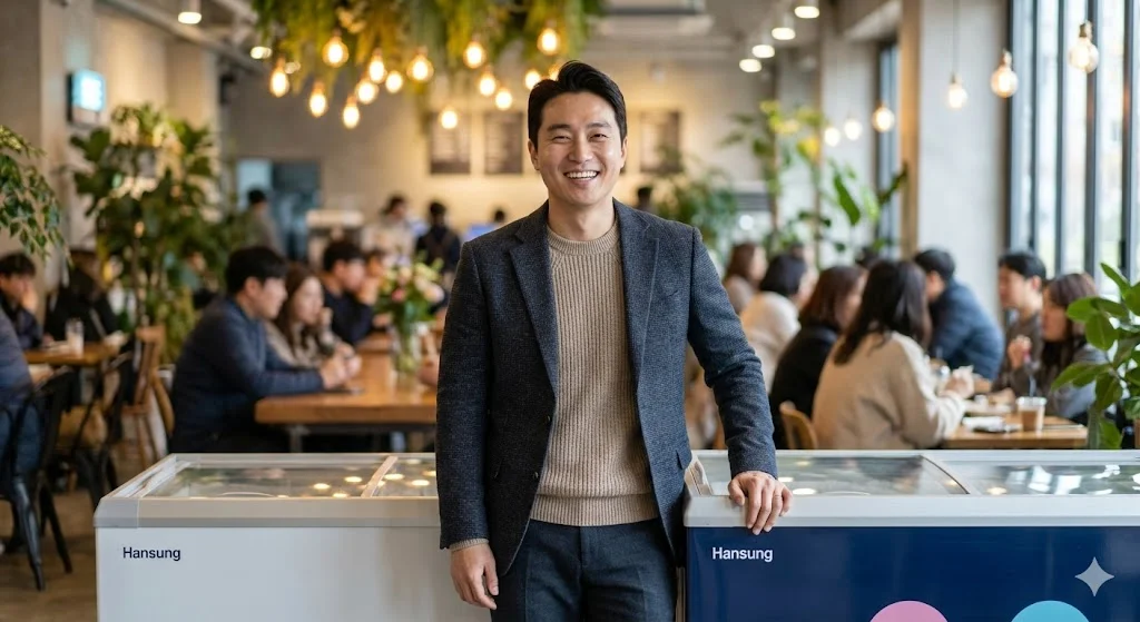 프리미엄 냉동고 앞에서 만족해하는 젤라또 샵 대표의 모습