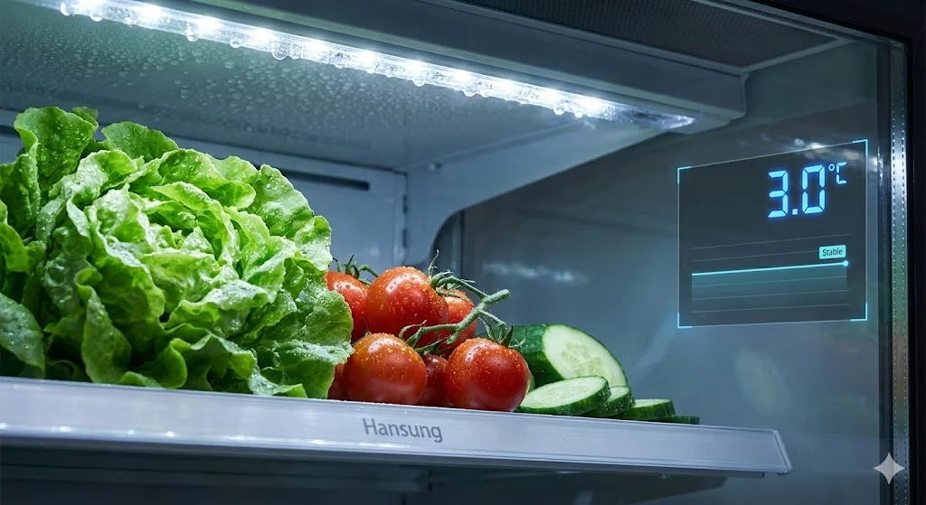 식당냉장고 내부의 신선한 채소와 정밀 온도 제어 시스템 시각화