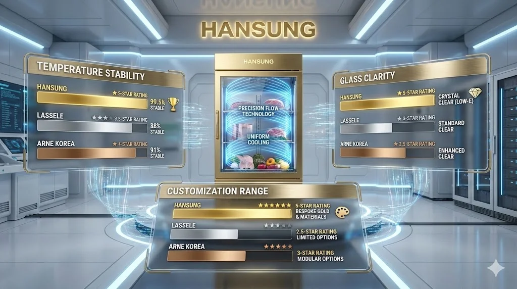 요 식당냉장고 브랜드별 기술 사양 및 고객 만족도 비교 인포그래픽 슬라이드