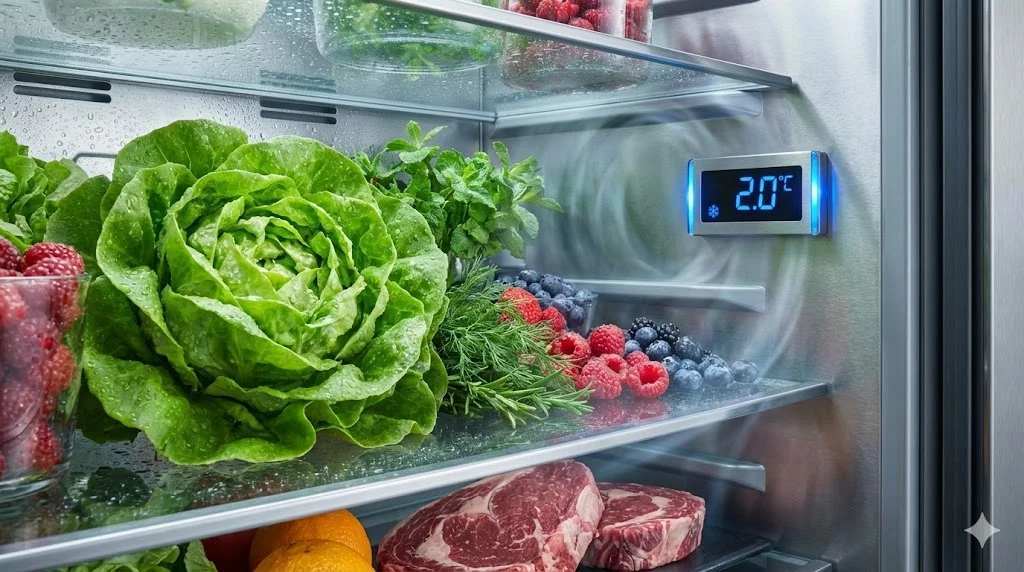 1200테이블냉장고 내부의 신선한 식재료와 정밀 온도 디스플레이