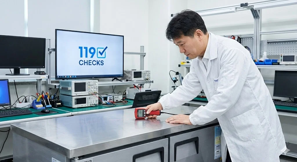 하이테크 연구소에서 1200테이블냉장고를 정밀 검수 중인 한국인 기술 전문가