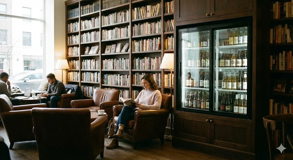 조용한 카페 안에서 정숙하게 작동하는 프리미엄 냉장고와 독서하는 손님.