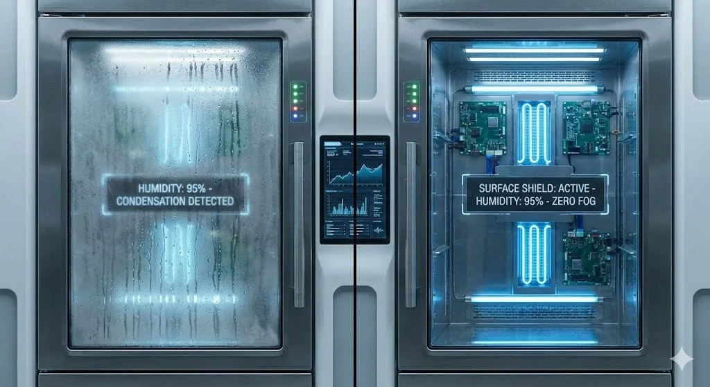 일반 냉장고와 한성쇼케이스의 결로 방지 성능 비교 시각화 이미지.
